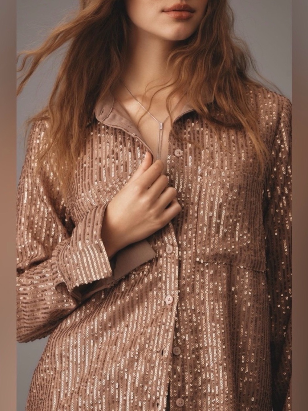 ❤️ NWT! Anthropologie The Remie Bronze Sequin Button Down Blouse XL - Picture 3 of 13